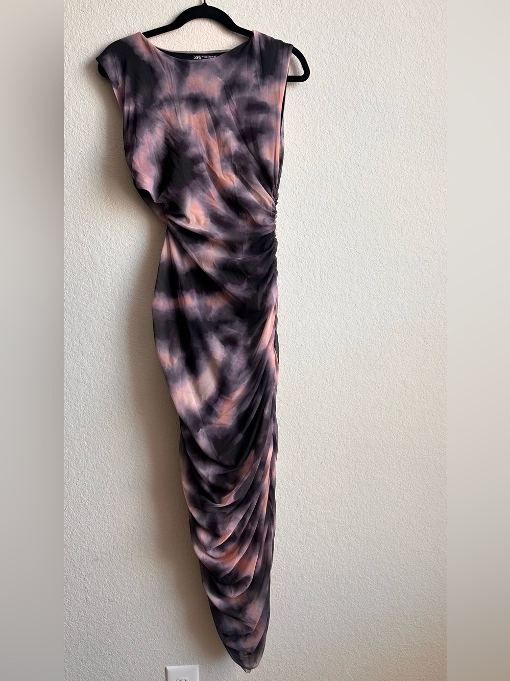 Zara Tie-Dye Pink and Black Ruched Dress . tulle mesh fabric